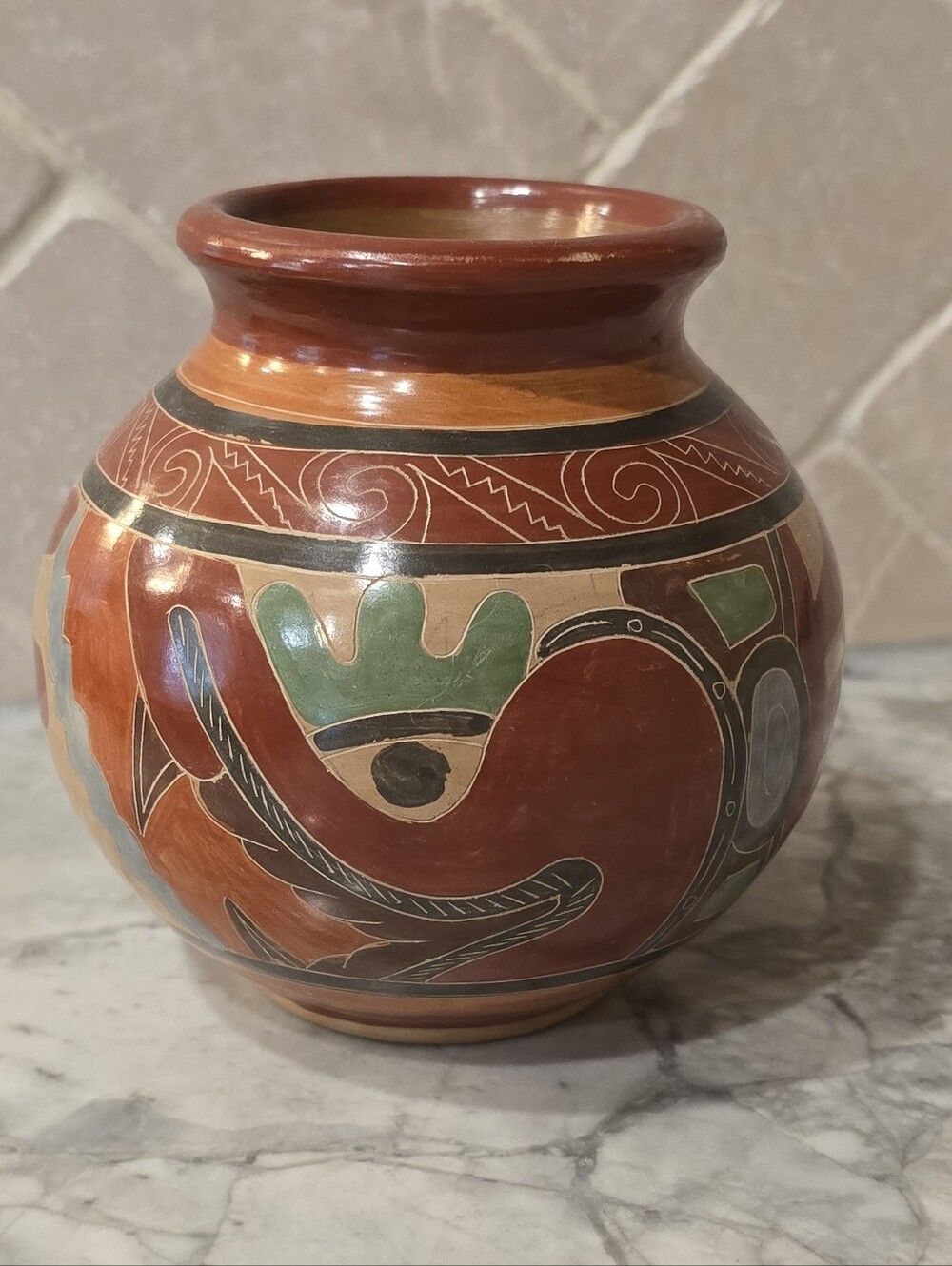 Costa Rica Art Pottery Pot/Vase Hand Carved & Glazed Global Boho South American